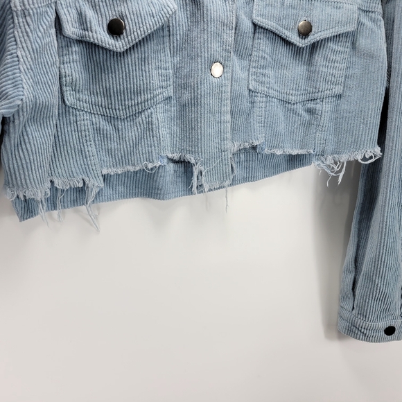 12th Tribe Cropped Corduroy Button Jacket Raw Hem Womens Small S Blue Trucker - Picture 4 of 10
